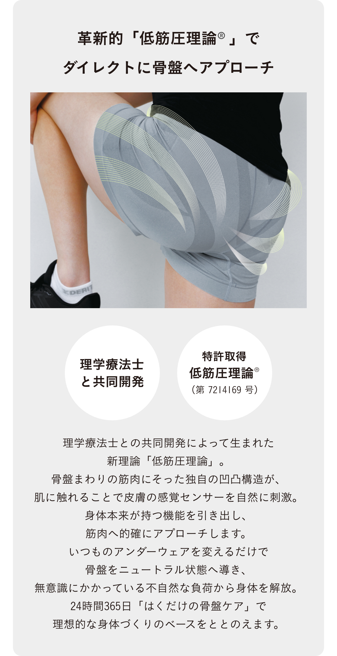 革新的「低筋圧理論」でダイレクトに骨盤へアプローチ！理学療法士との共同開発によって生まれた新理論「低筋圧理論」。 骨盤まわりの筋肉にそった独自の凹凸構造が、肌に触れることで皮膚の感覚センサーを自然に刺激。身体本来が持つ機能を引き出し、筋肉へ的確にアプローチします。いつものアンダーウェアを変えるだけで骨盤をニュートラル状態へ導き、無意識にかかっている不自然な負荷から身体を解放。24時間365日「はくだけの骨盤ケア」で理想的な身体づくりのベースをととのえます。