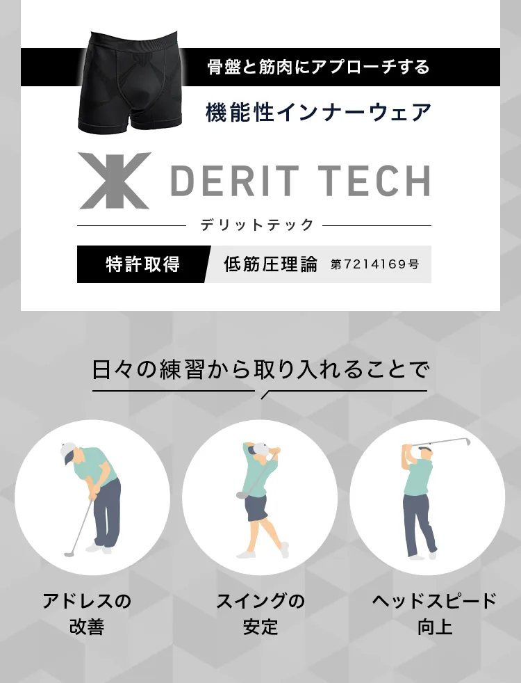 骨盤と筋肉にアプローチする機能性インナーウェア DERIT TECH デリットテック 日々の練習から取り入れることで アドレスの改善 スイングの安定 ヘッドスピード向上