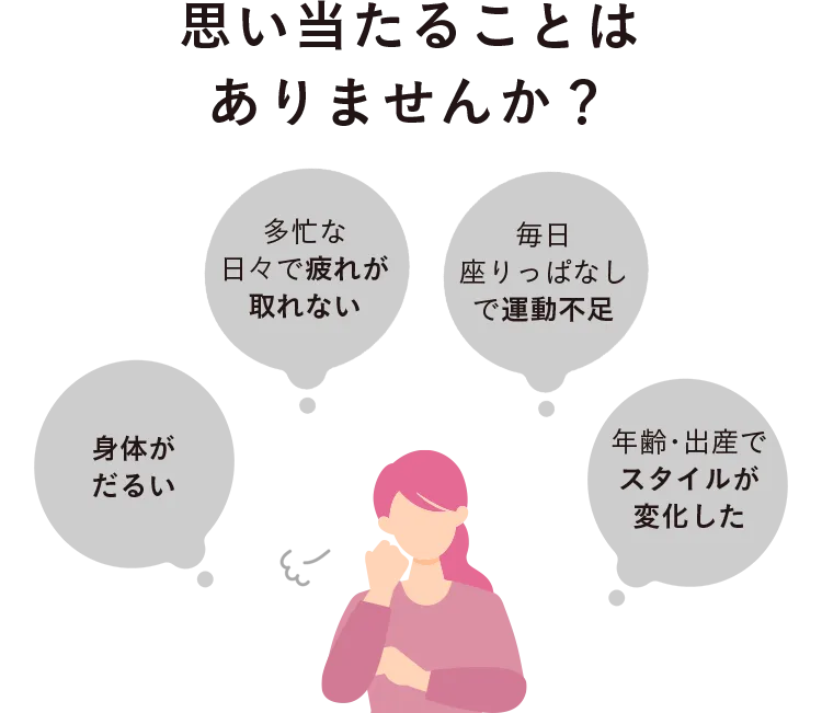 思い当たることはありませんか？ 身体がだるい 多忙な日々で疲れが取れない 毎日座りっぱなしで運動不足 年齢・出産でスタイルが変化した きつい腰痛に悩まされている 月のリズムで痛みを感じる
